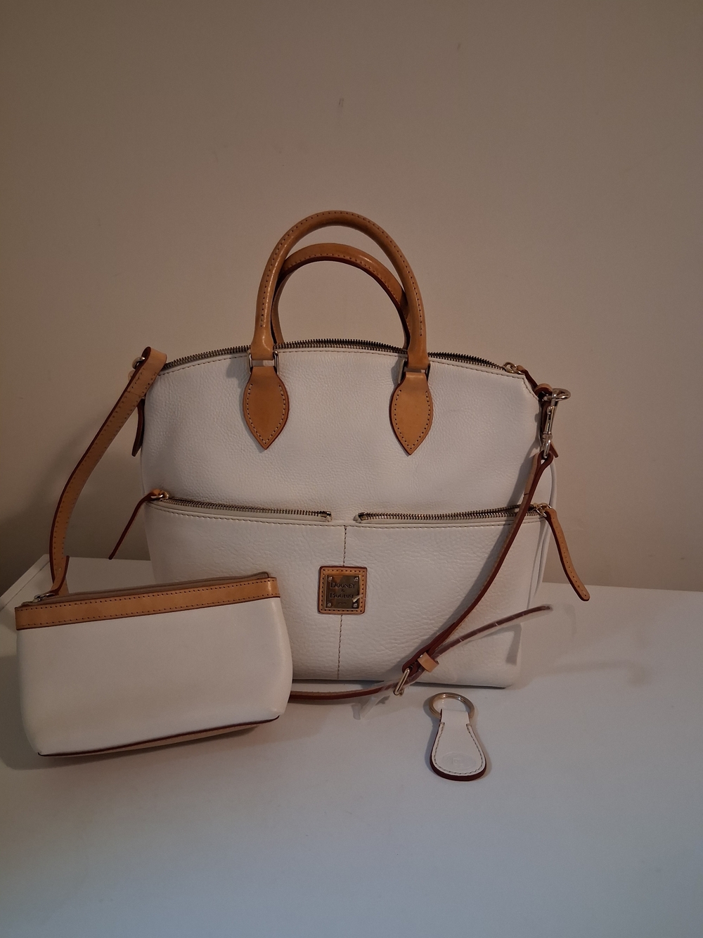 Dooney & Bourke White Leather Satchel with Tan Trim